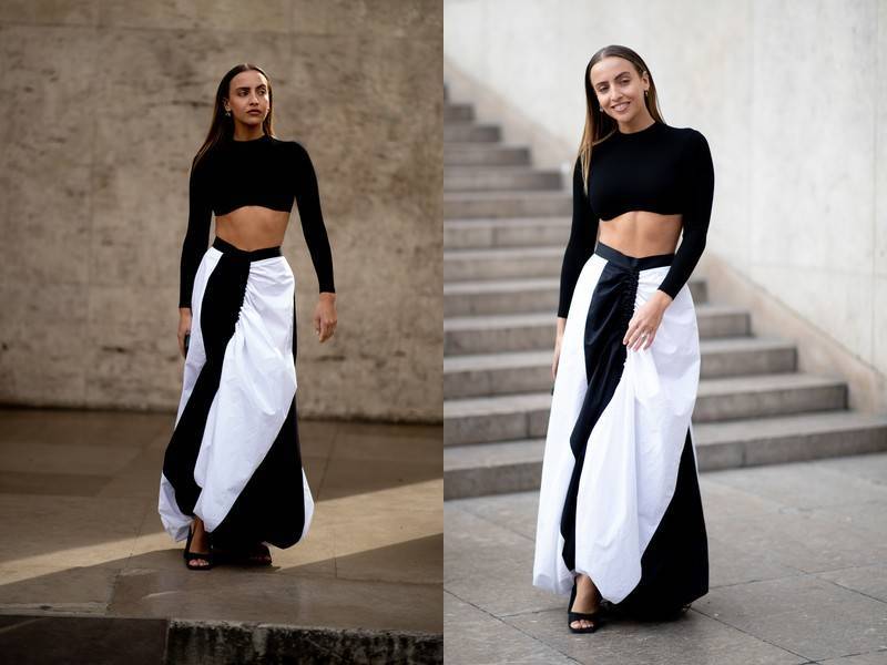 черный кроп-топ с длинной черно-белой юбкой